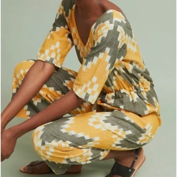 Anthropologie The Odells Bento Jumpsuit Short Sleeve V Neck Chevron NWT XS - Picture 4 of 12